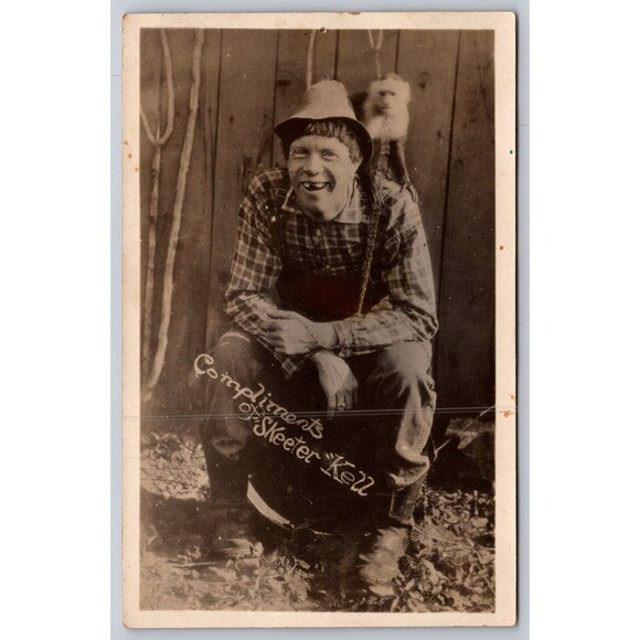 Postcard RPPC Compliments of Skeeter Hillbilly Monkey Rivertime Players Toby VTG - Picture 1 of 2